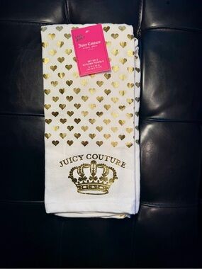 Juicy Couture NWT Set Of 2 Gold & White Hearts & Crowns Dishtowels